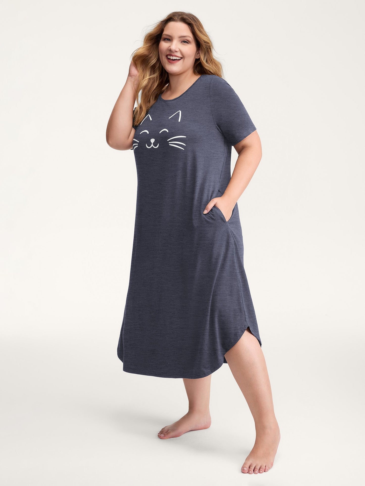 Happy Cat Print Stretchy Contrast Nightgown