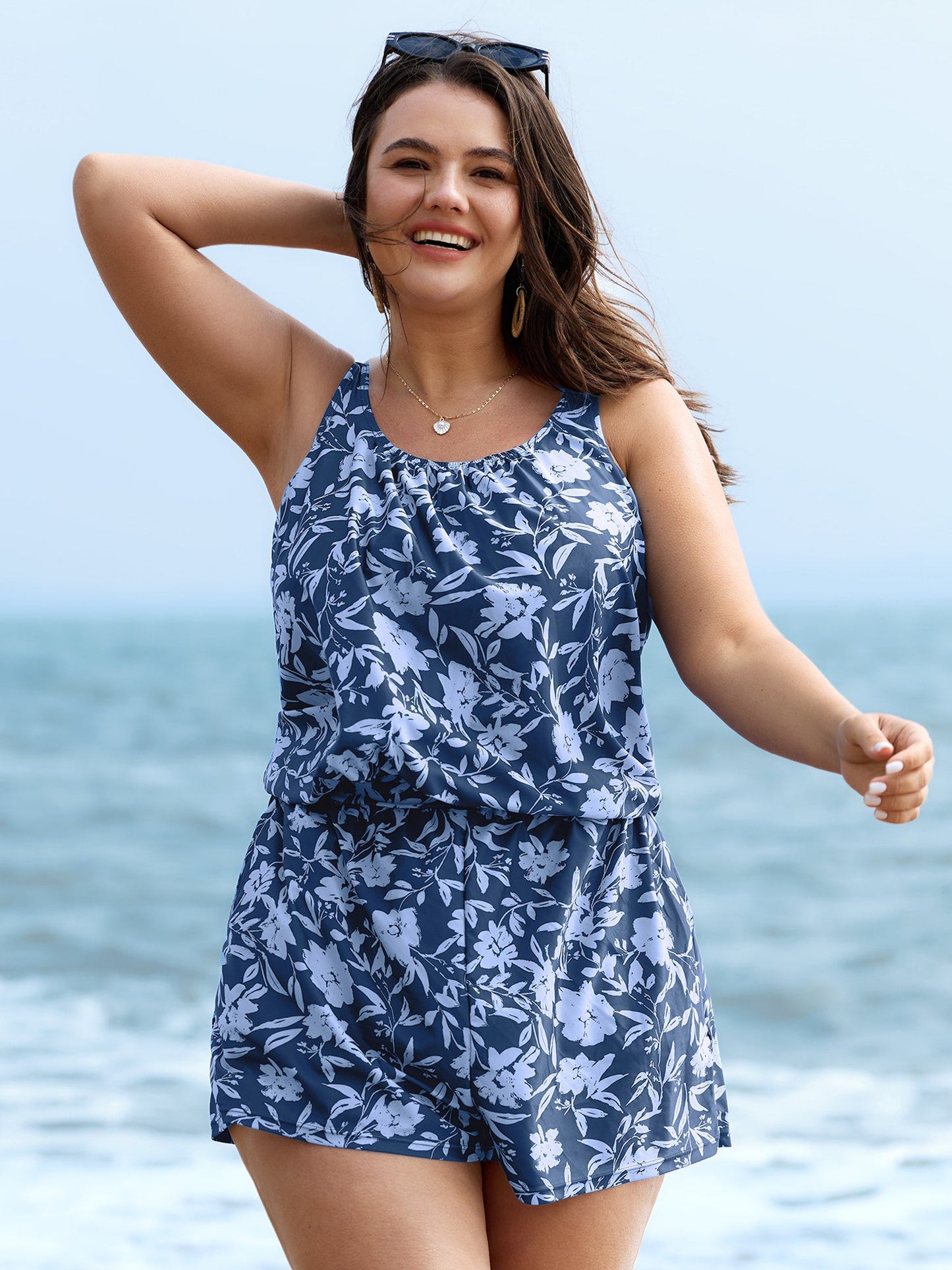 plus size Tropical Flower Print Pockets One-Piece Swimsuit