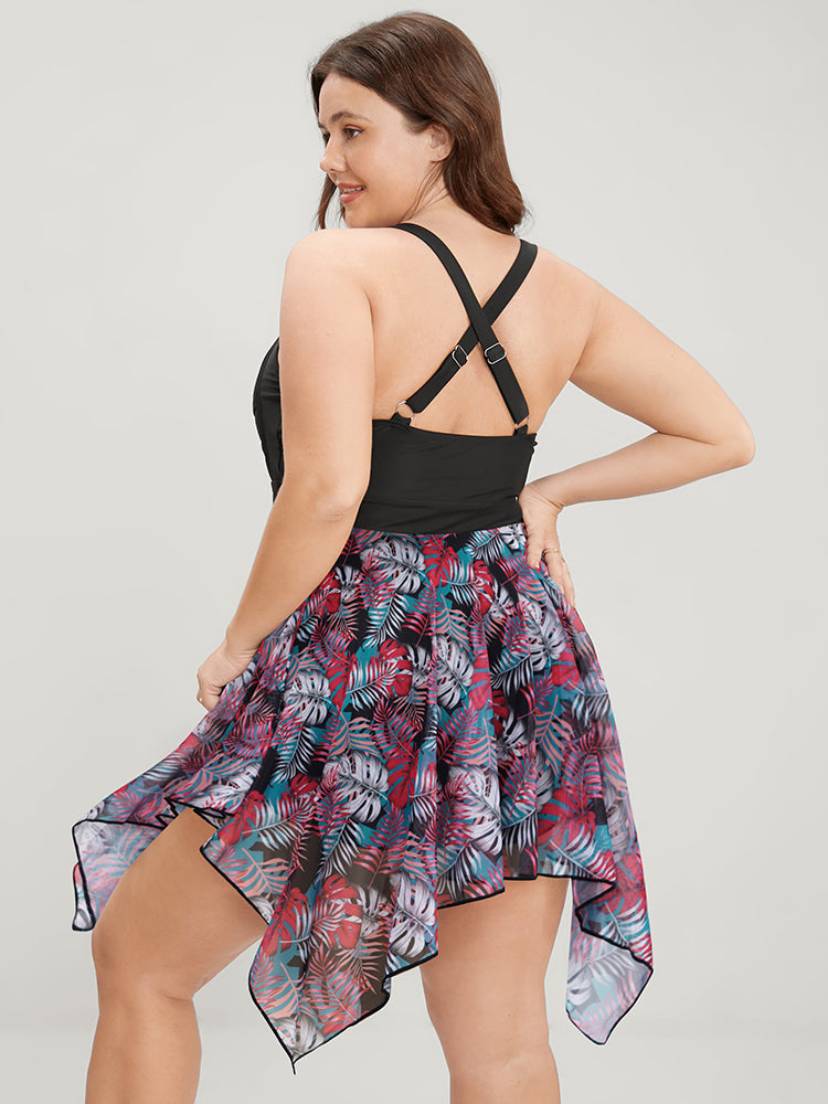 Tropical Ruched Ties Hanky Hem Crisscross Swim Dress
