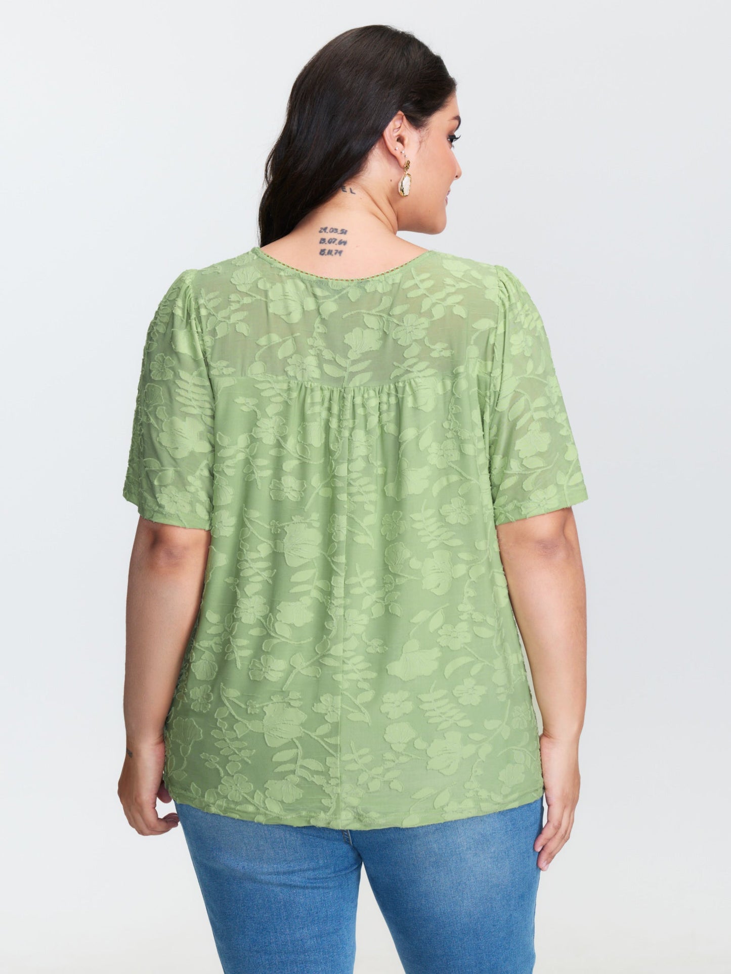 Textured Lace Neckline Flowy Sleeve Blouse