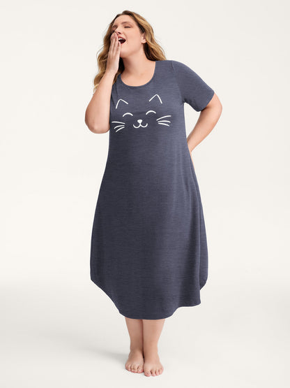 Happy Cat Print Stretchy Contrast Nightgown