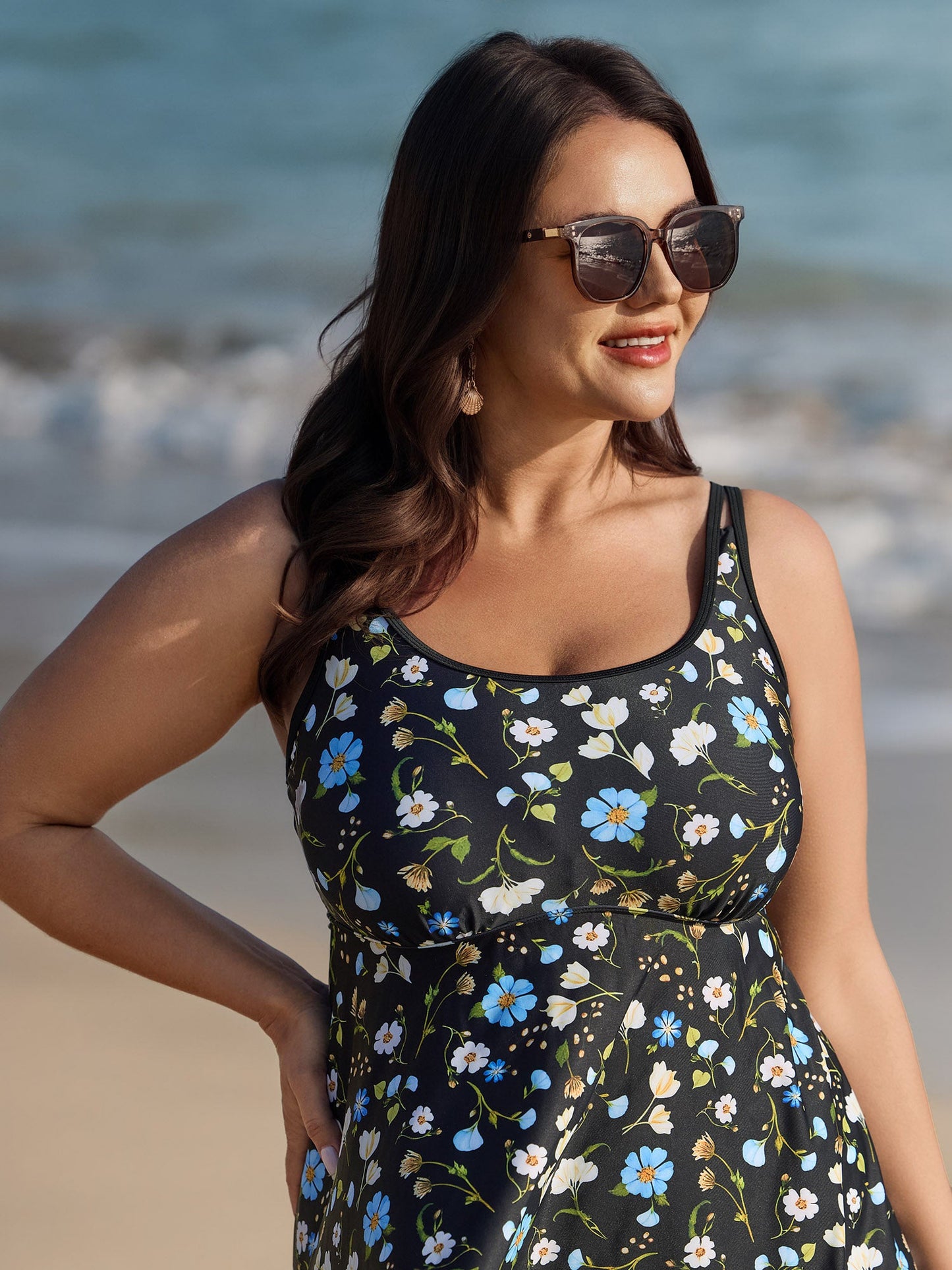 Floral Print Cinched Flared Swim Dress