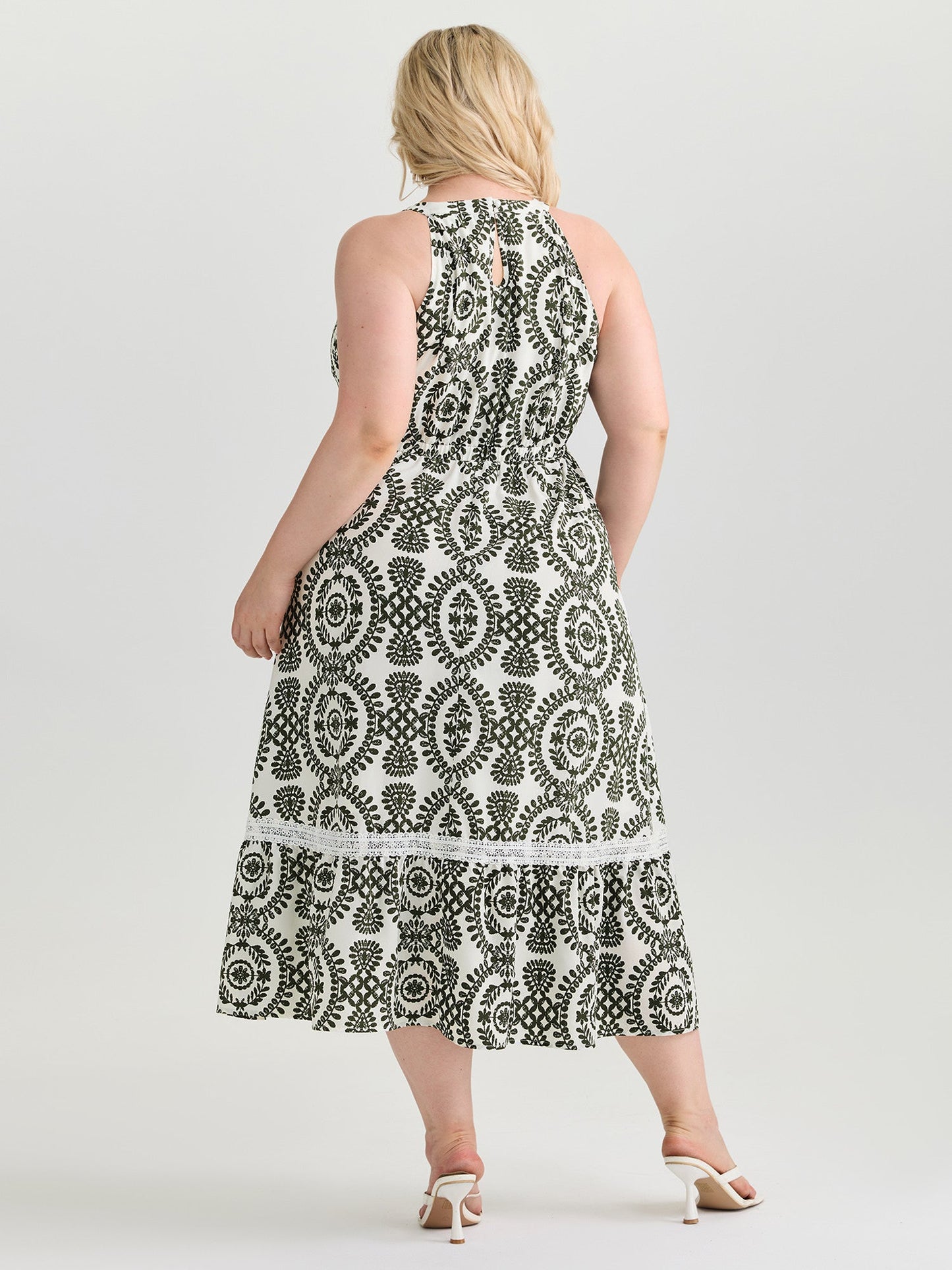 Ornate Print Lace Trim Halter Neckline Midi Dress