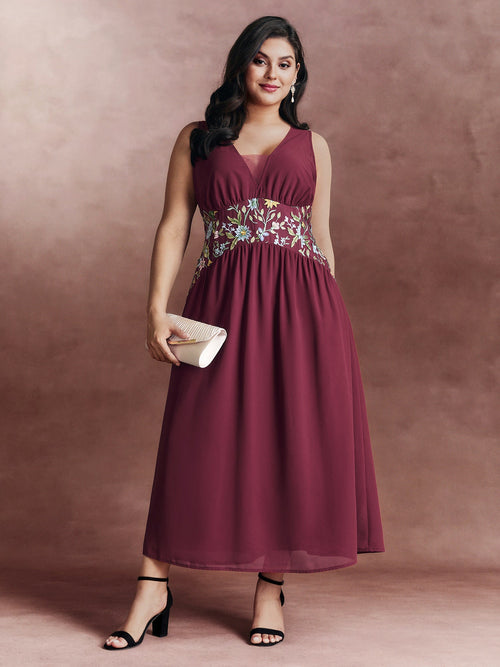 Floral Embroidered V-Neck Sleeveless Maxi Dress