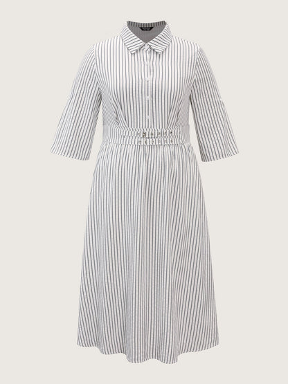 Striped Tab Sleeve Double Belt Midi Shirt Dress