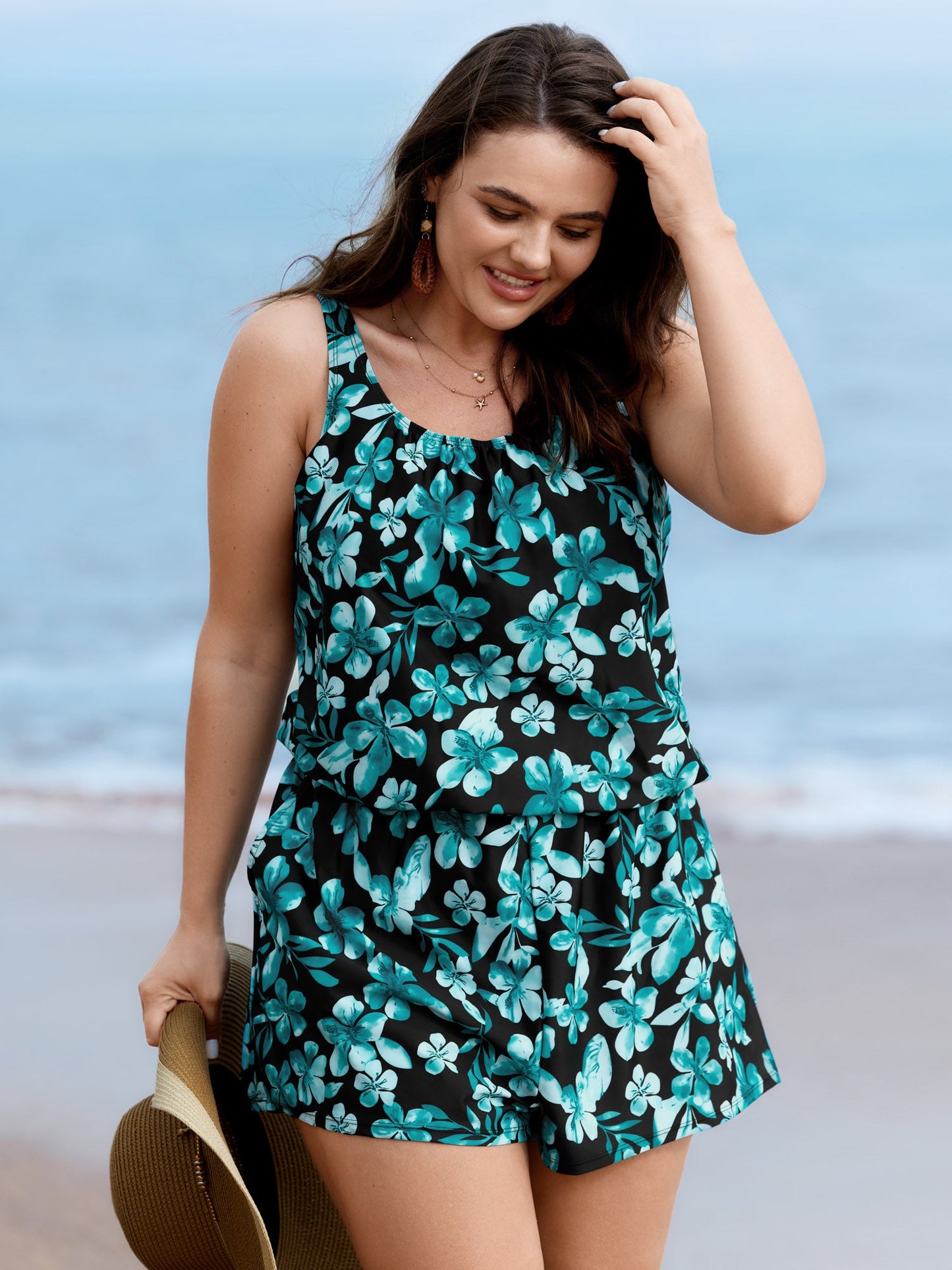 plus size Tropical Flower Print Pockets One-Piece Swimsuit