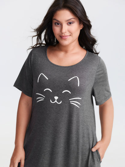 Happy Cat Print Stretchy Contrast Nightgown
