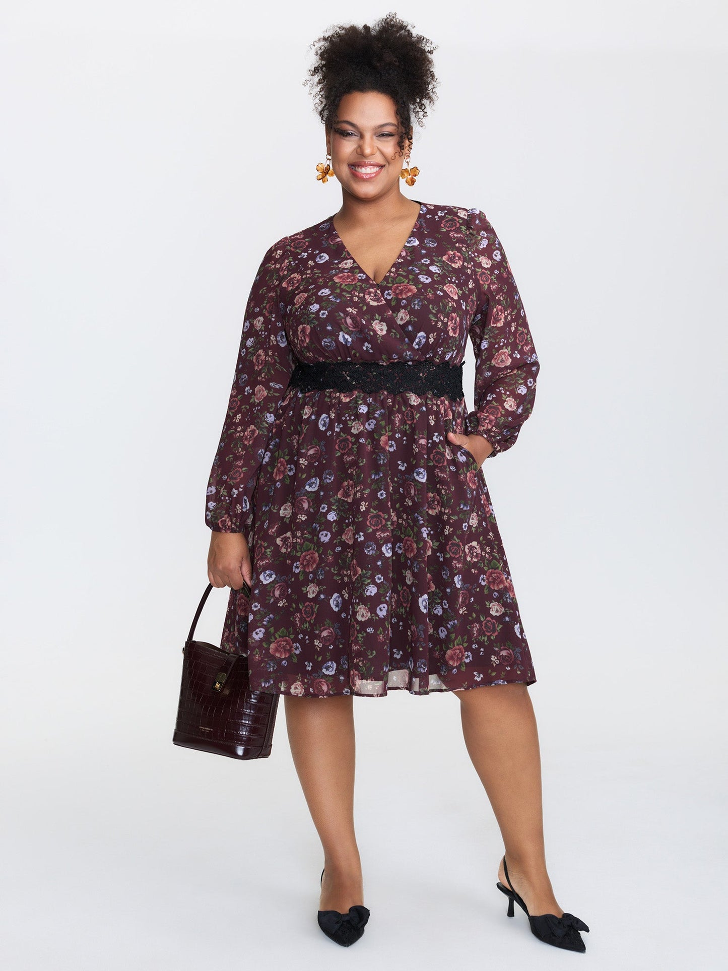 Floral Lace Trim Cinched-Waist Mini Dress