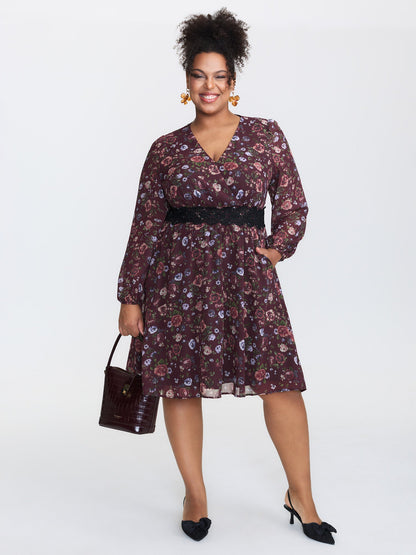 Floral Lace Trim Cinched-Waist Mini Dress