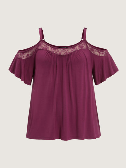 Cut-Out Shoulder Lace Trim Knit Top