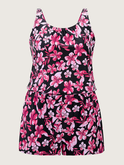 plus size Tropical Flower Print Pockets One-Piece Swimsuit