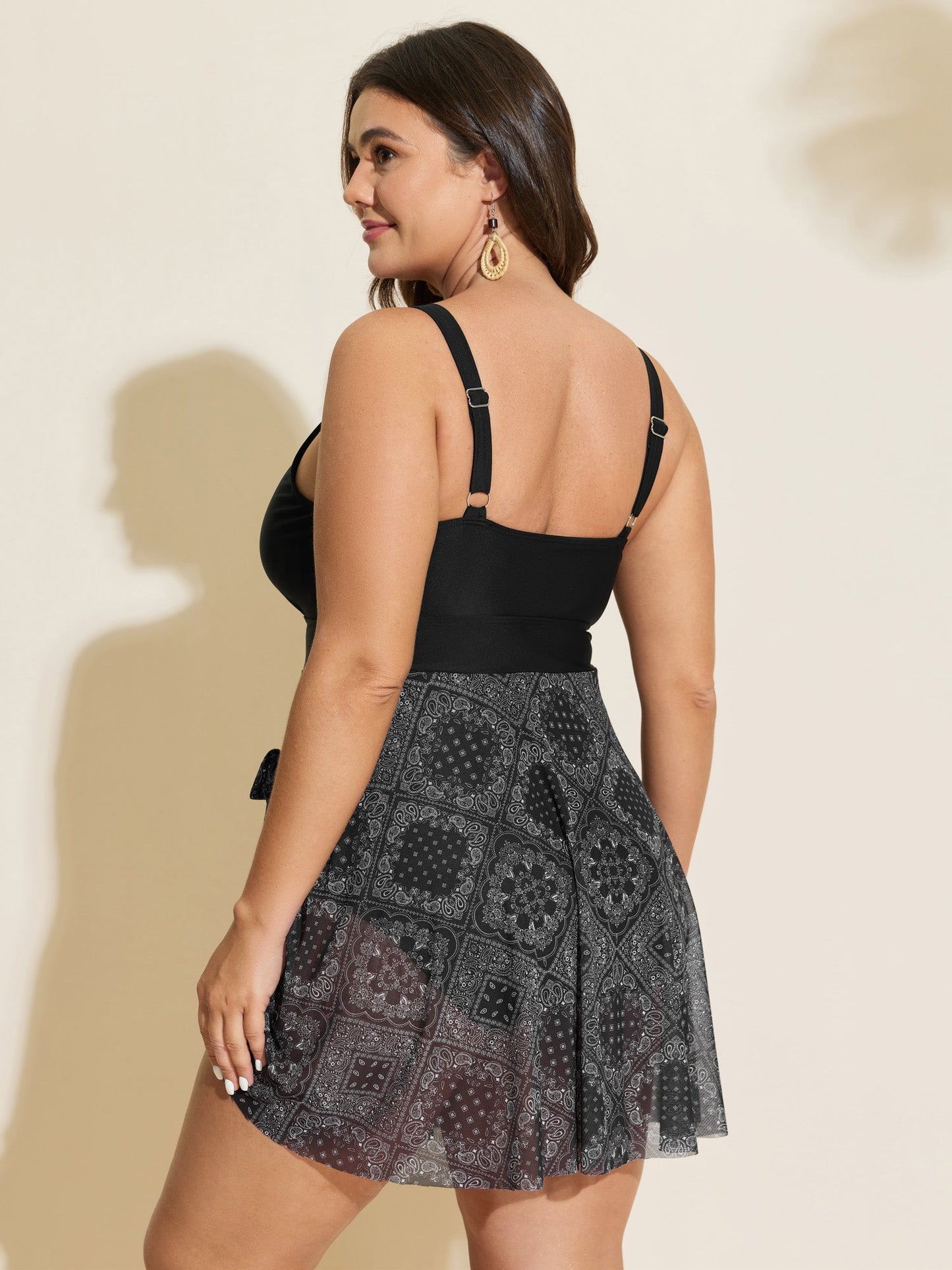 Geometric Print Embroidered Neckline Swim Dress