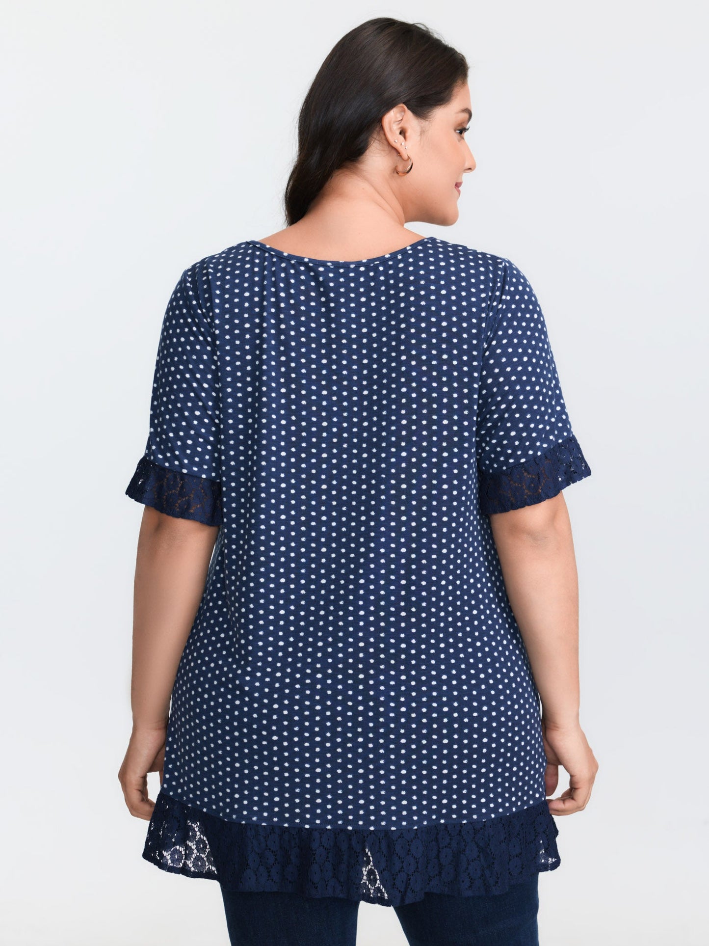 Polka Dots Print Lace Trim Knit Top