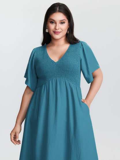 Shirred Bodice Ruffled Hem Midi Dress