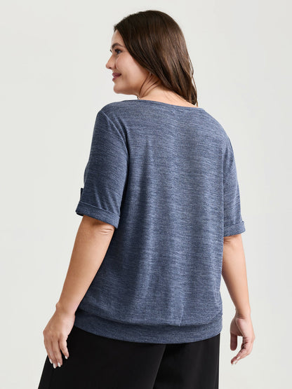 Stretchy Plain Folded Cuff Sleeve T-Shirt