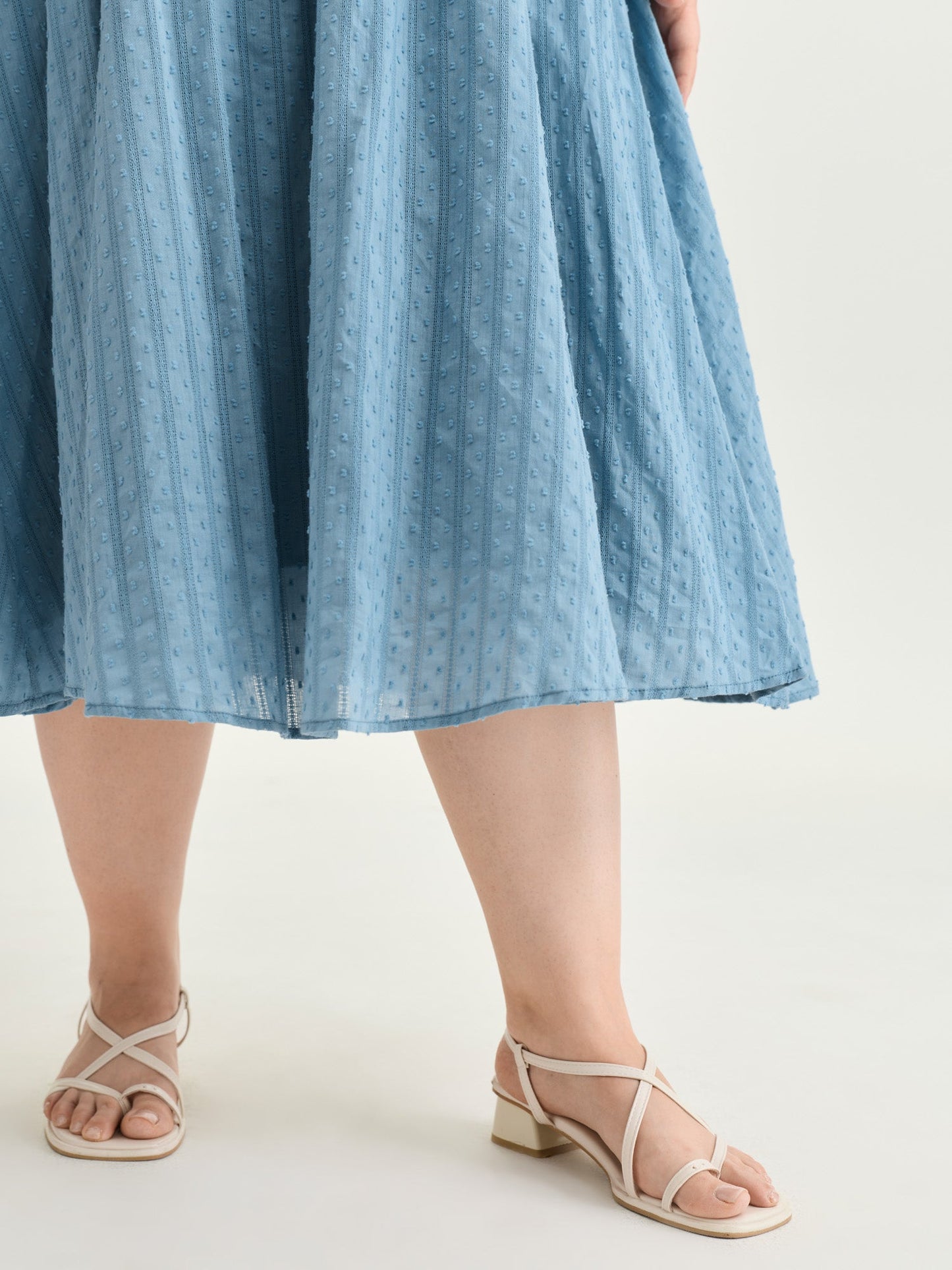 Textured Shirred Bodice Ruffled Straps Midi Dress