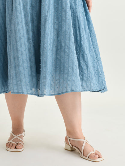 Textured Shirred Bodice Ruffled Straps Midi Dress