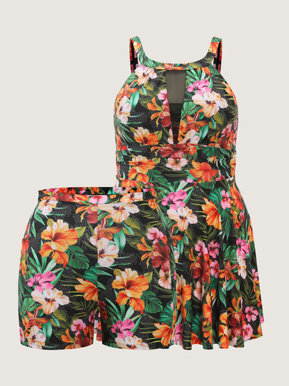 Tropical Floral Print Hip Coverage Swim Dress