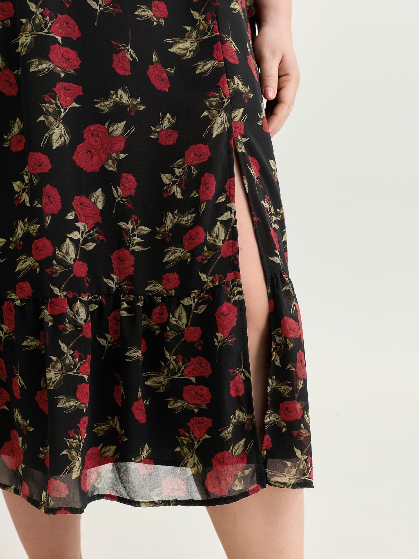 Rose Print Bustier Drawstring Midi Dress