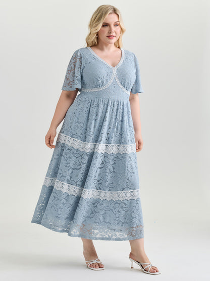 Floral Lace Textured Shirred Midi Dress