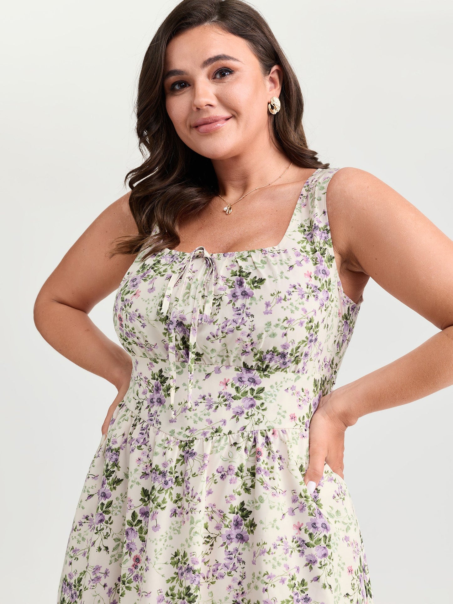 plus size  Floral Print Adjustable Bust-Tie Pockets Midi Dress