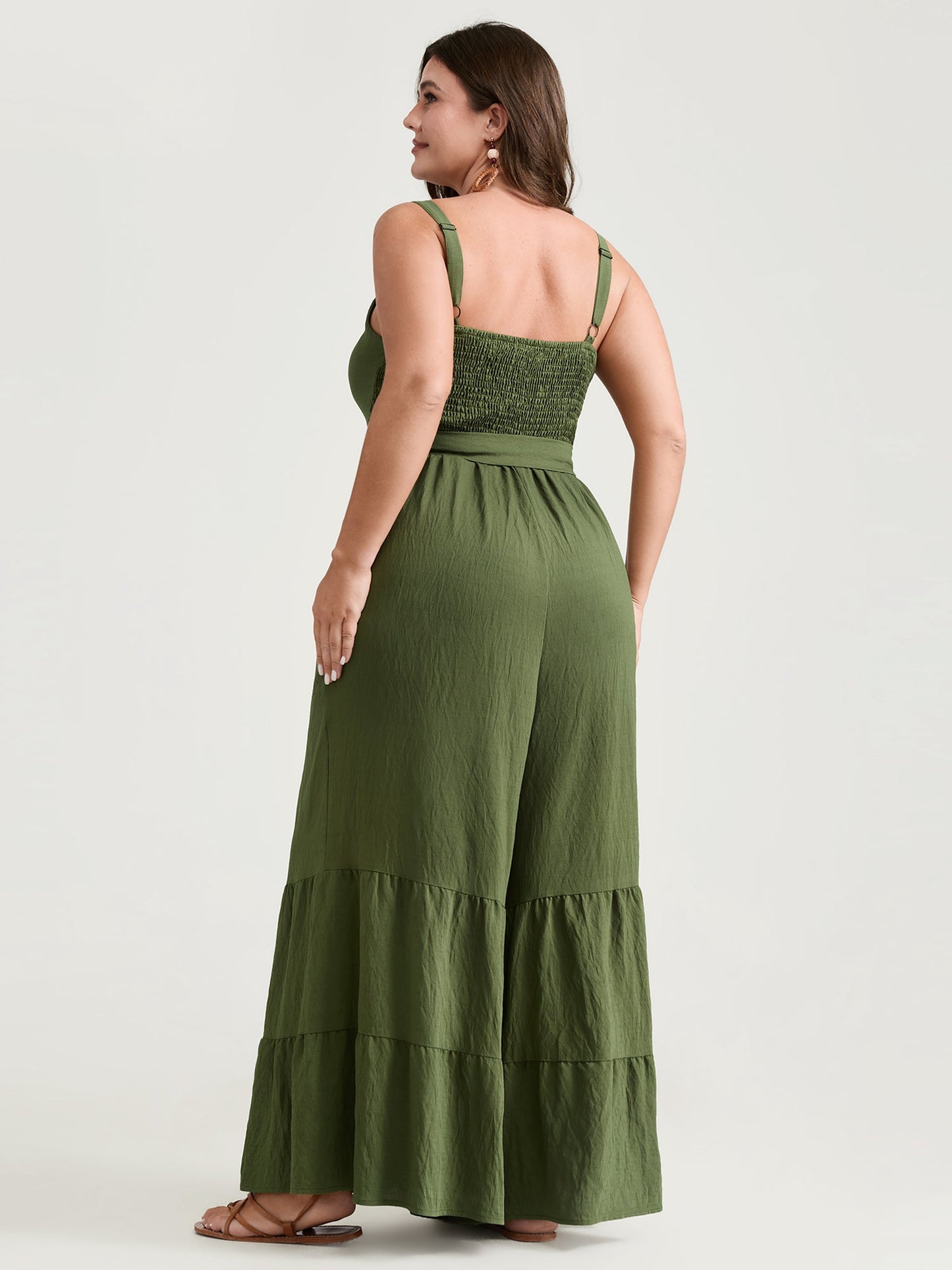 Stretchy Waist Ruffled Hem Pockets Jumpsuit