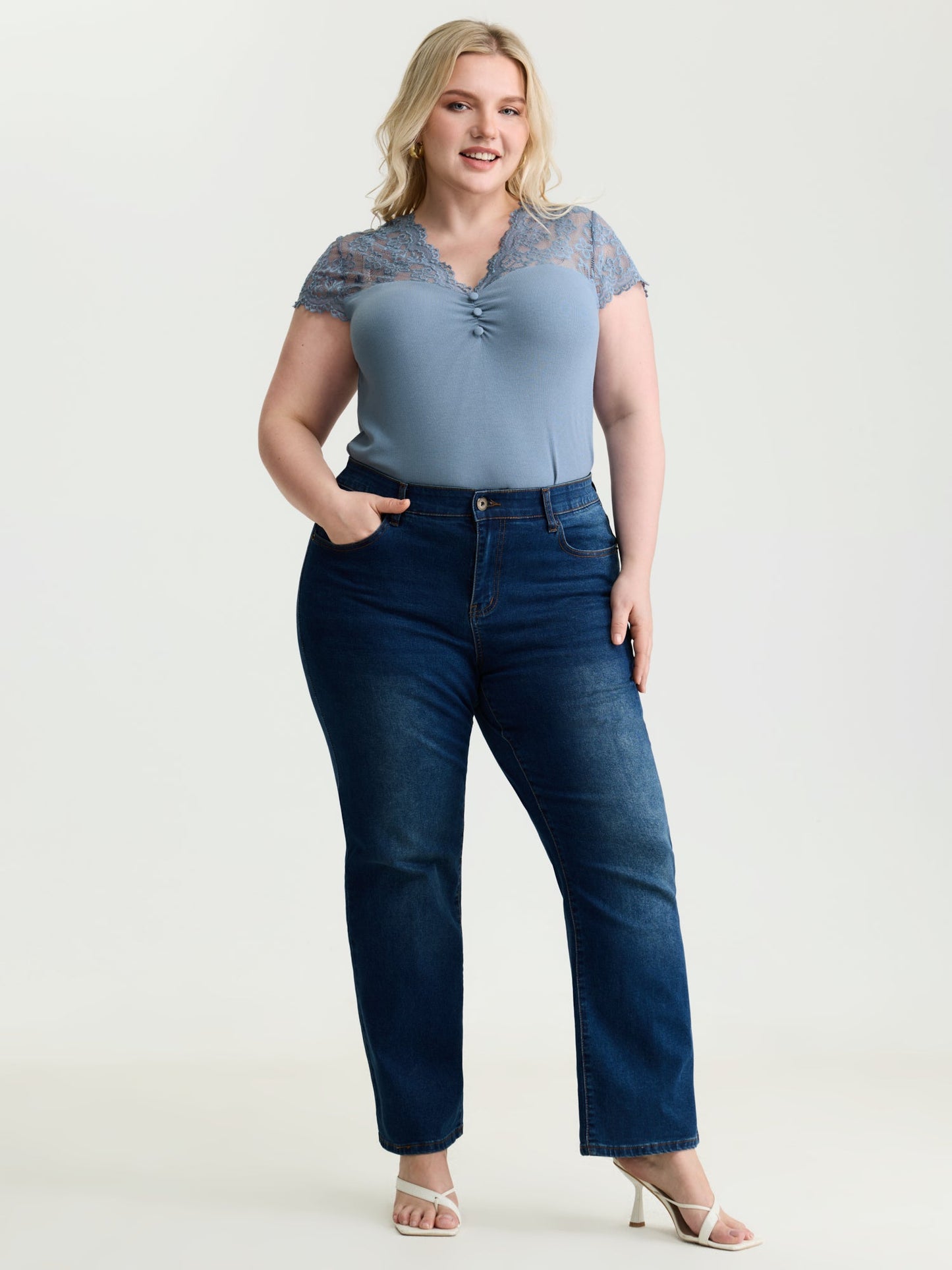 Sheer Lace Neckline Shirred Knit Top