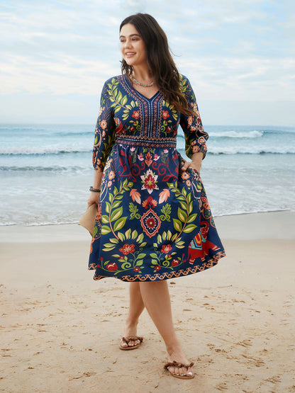 Boho Print V-Neck Pockets Mini Dress