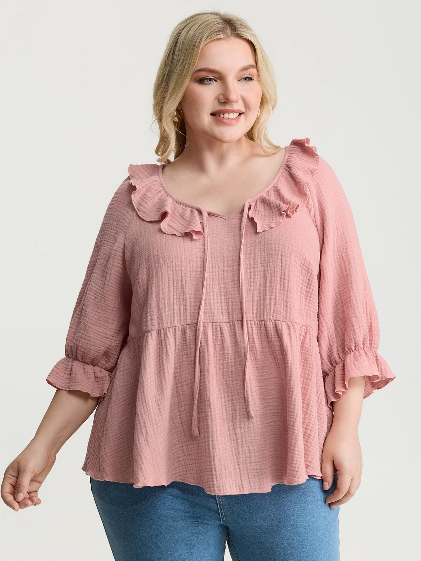 Pure Cotton Lotus Leaf Neckline Plain Blouse