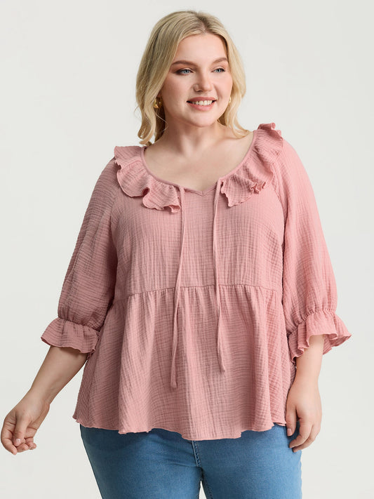 Pure Cotton Lotus Leaf Neckline Plain Blouse