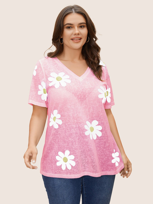 Colored Floral V Neck See Through T-Shirt