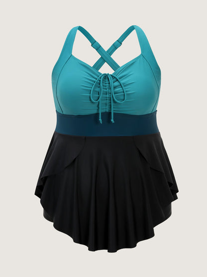 Colorblock Drawstring Adjustable Swim Dress