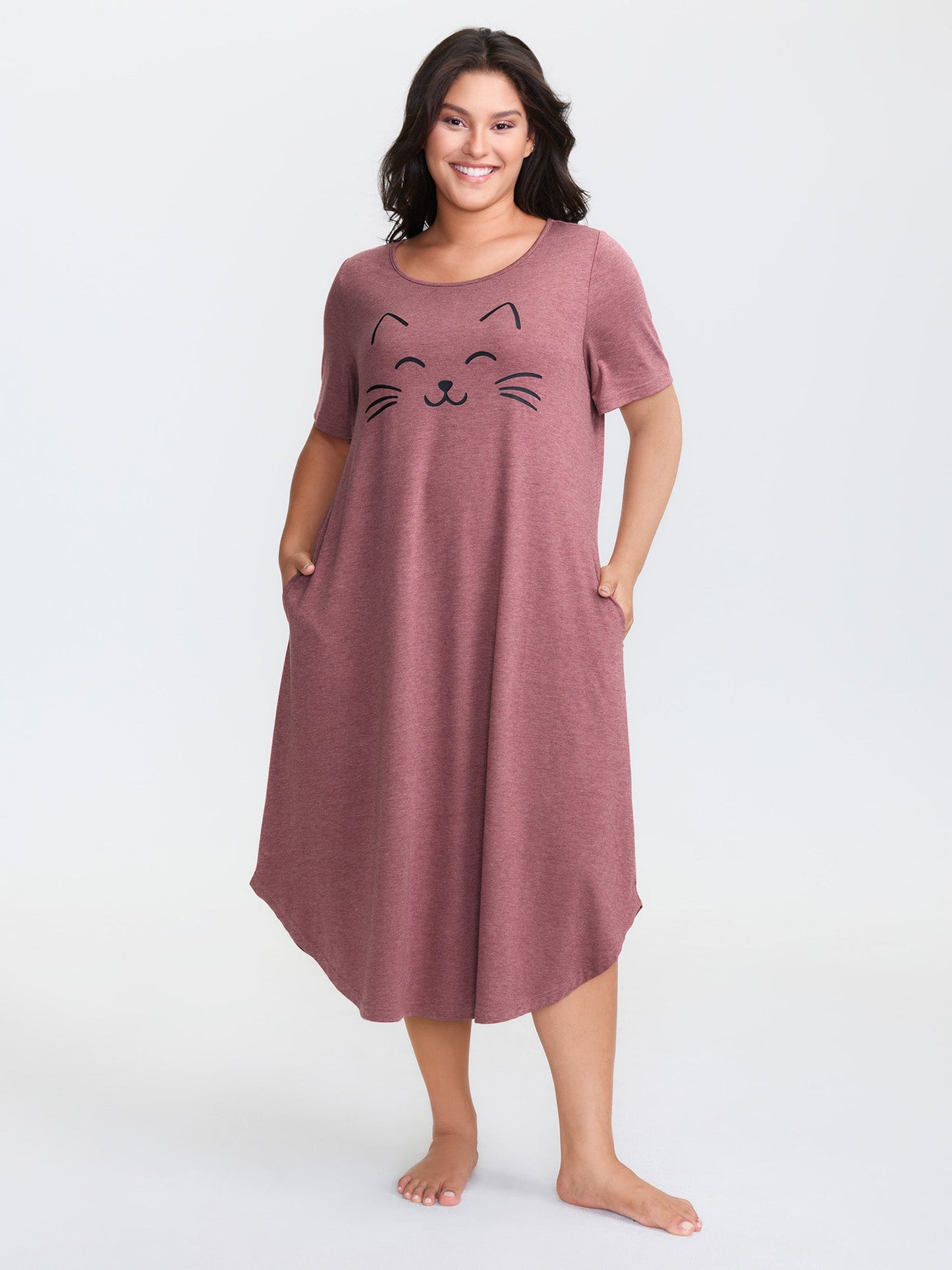 Happy Cat Print Stretchy Contrast Nightgown