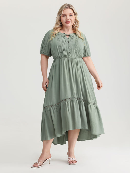 Lace Trim Drawstring Neckline Plain Midi Dress