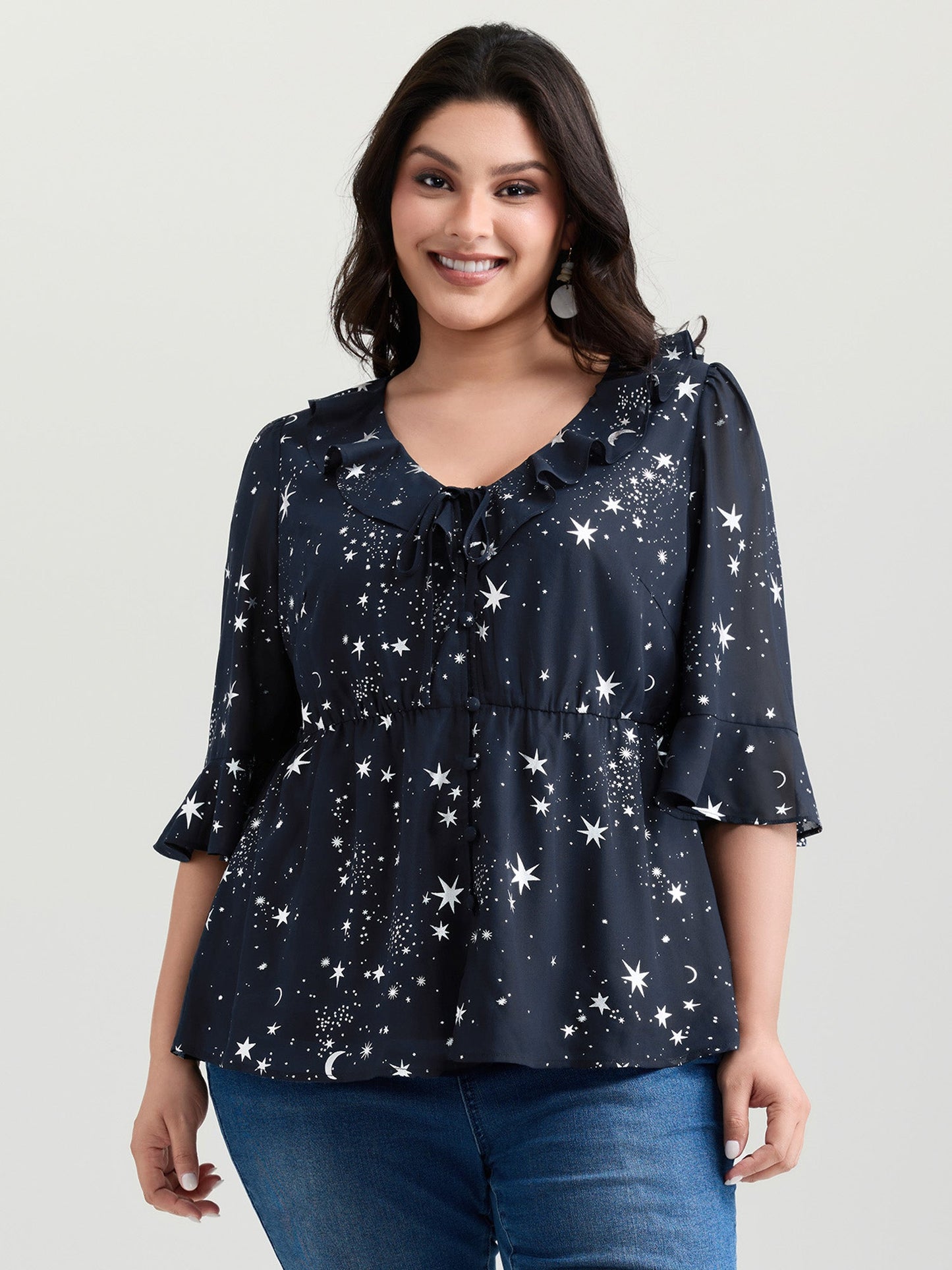 Gold Stamped Floral Print Lotus Leaf Blouse