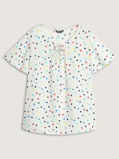 Colorful Polka Dots Drawstring Ruched Blouse