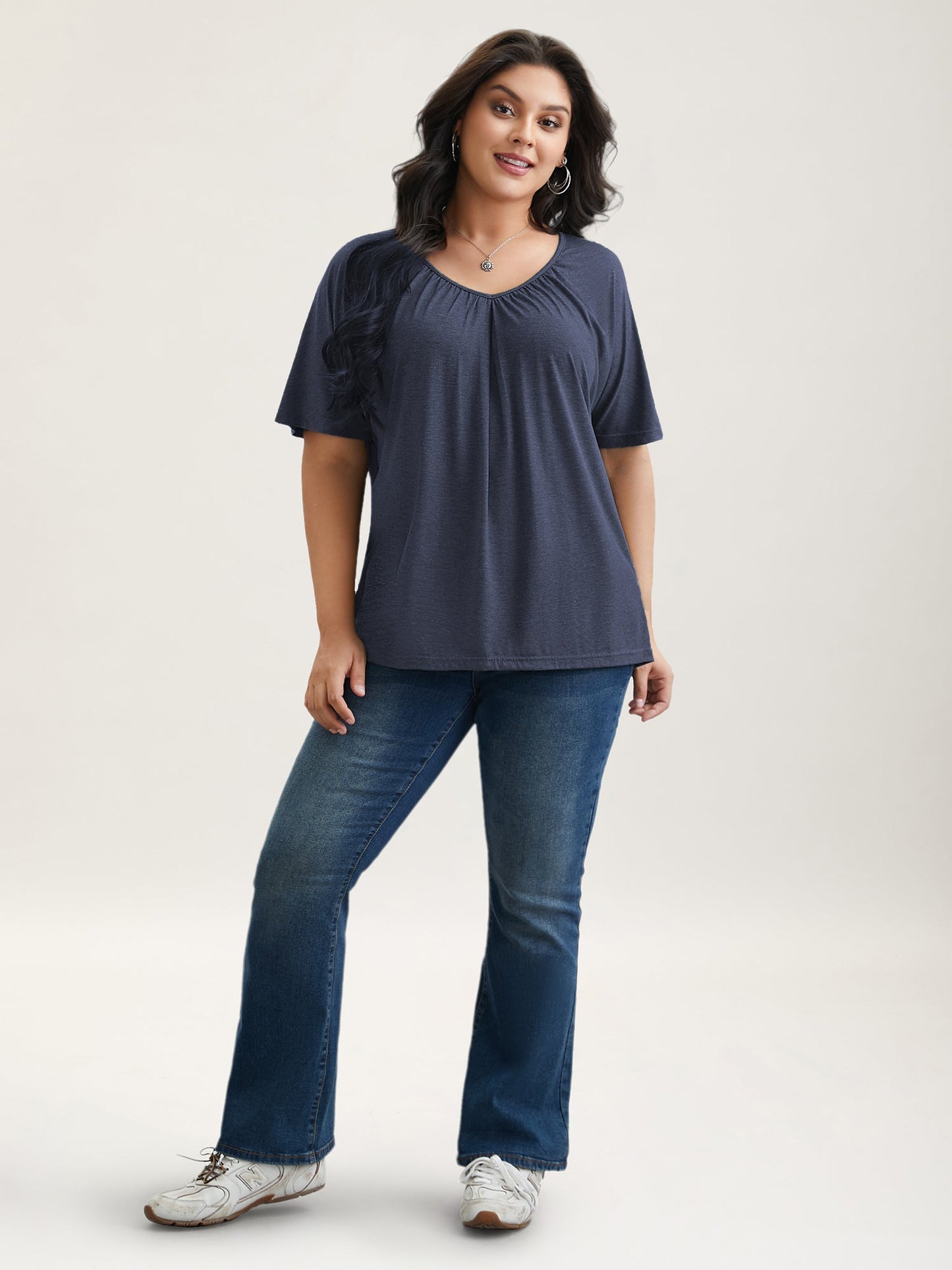 Pleated Plain Half-Sleeve Knit Top
