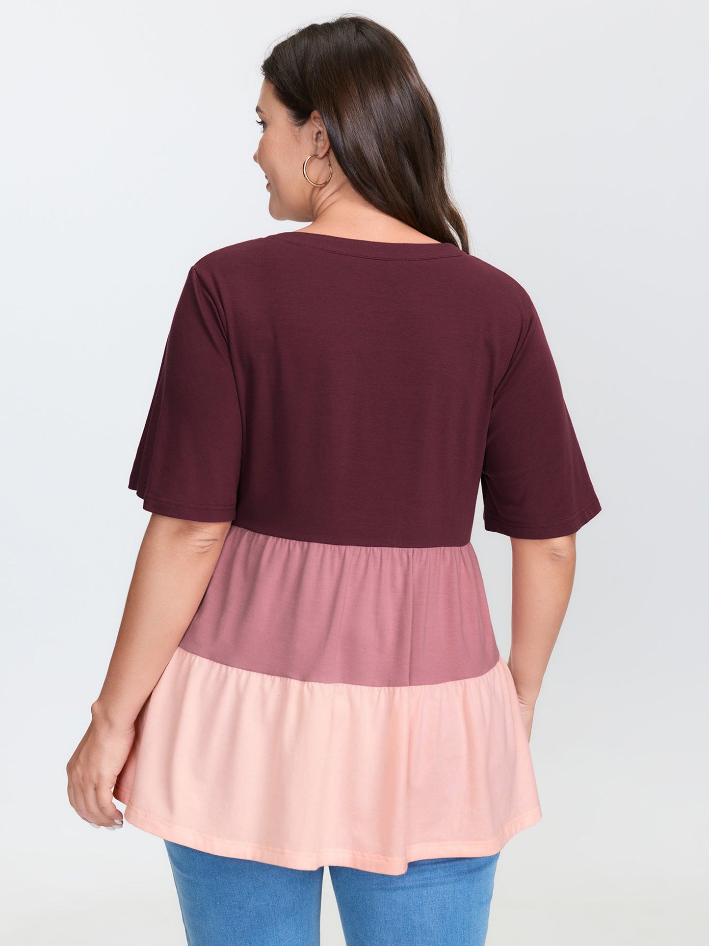 Colorblock Notched Collar Tiered T-Shirt