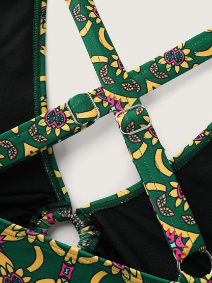 Adjustable Geometric Cut-Out Print Swim Top
