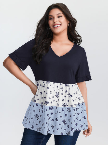Color Contrast Floral Print Tiered Top