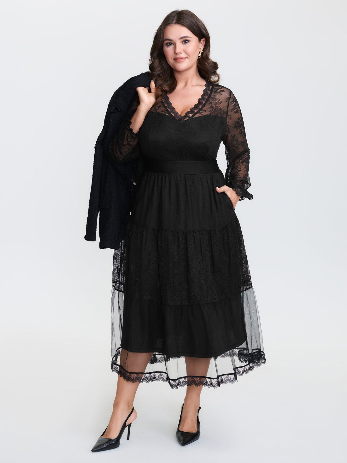 Sheer Lace Trim Stretchy Waist Midi Dress