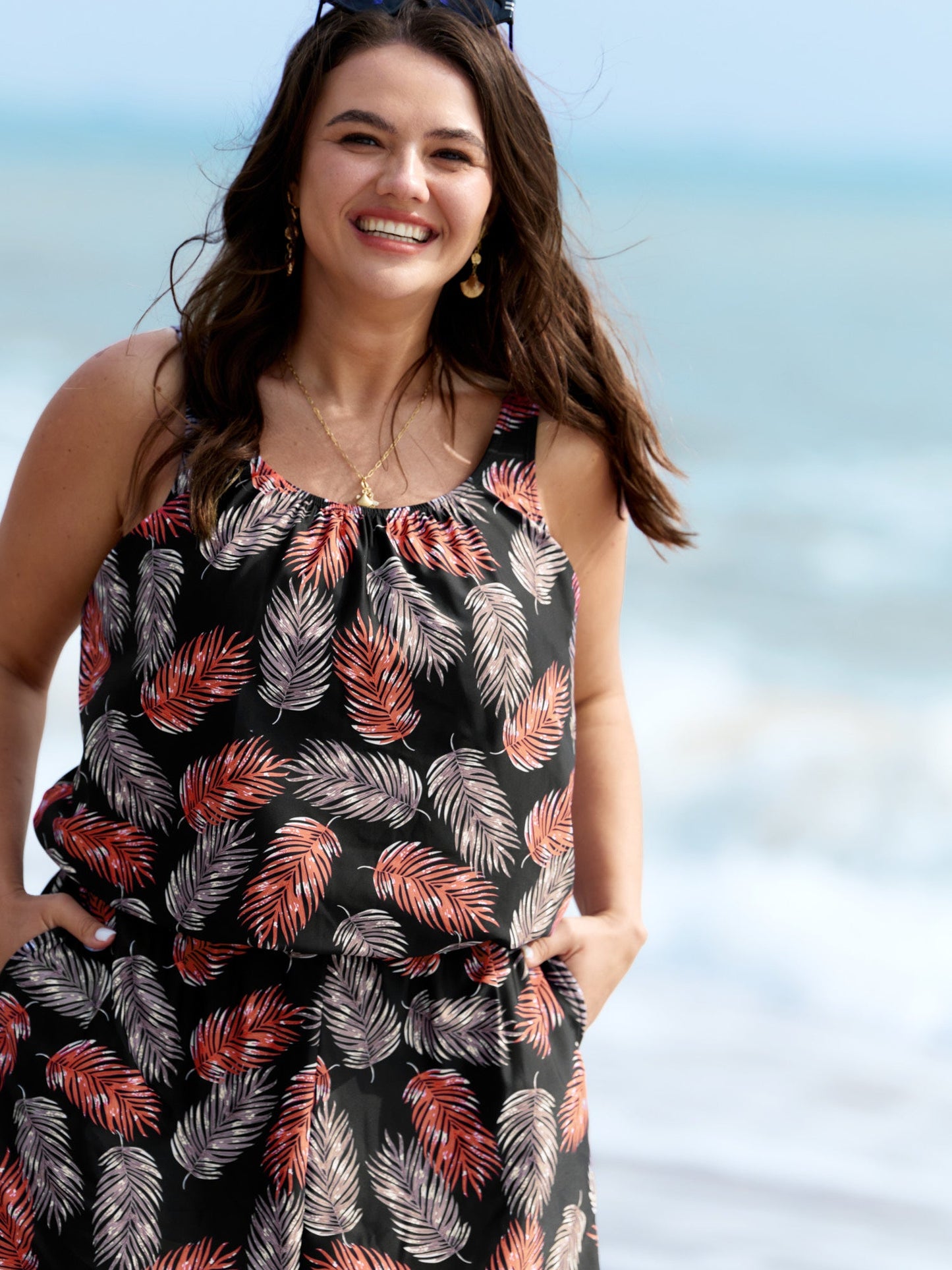 plus size Tropical Flower Print Pockets One-Piece Swimsuit