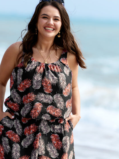 plus size Tropical Flower Print Pockets One-Piece Swimsuit