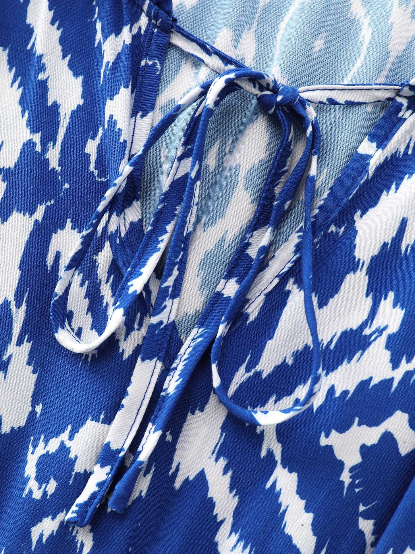 Abstract Print Drawstring Neckline Shirred Mini Dress