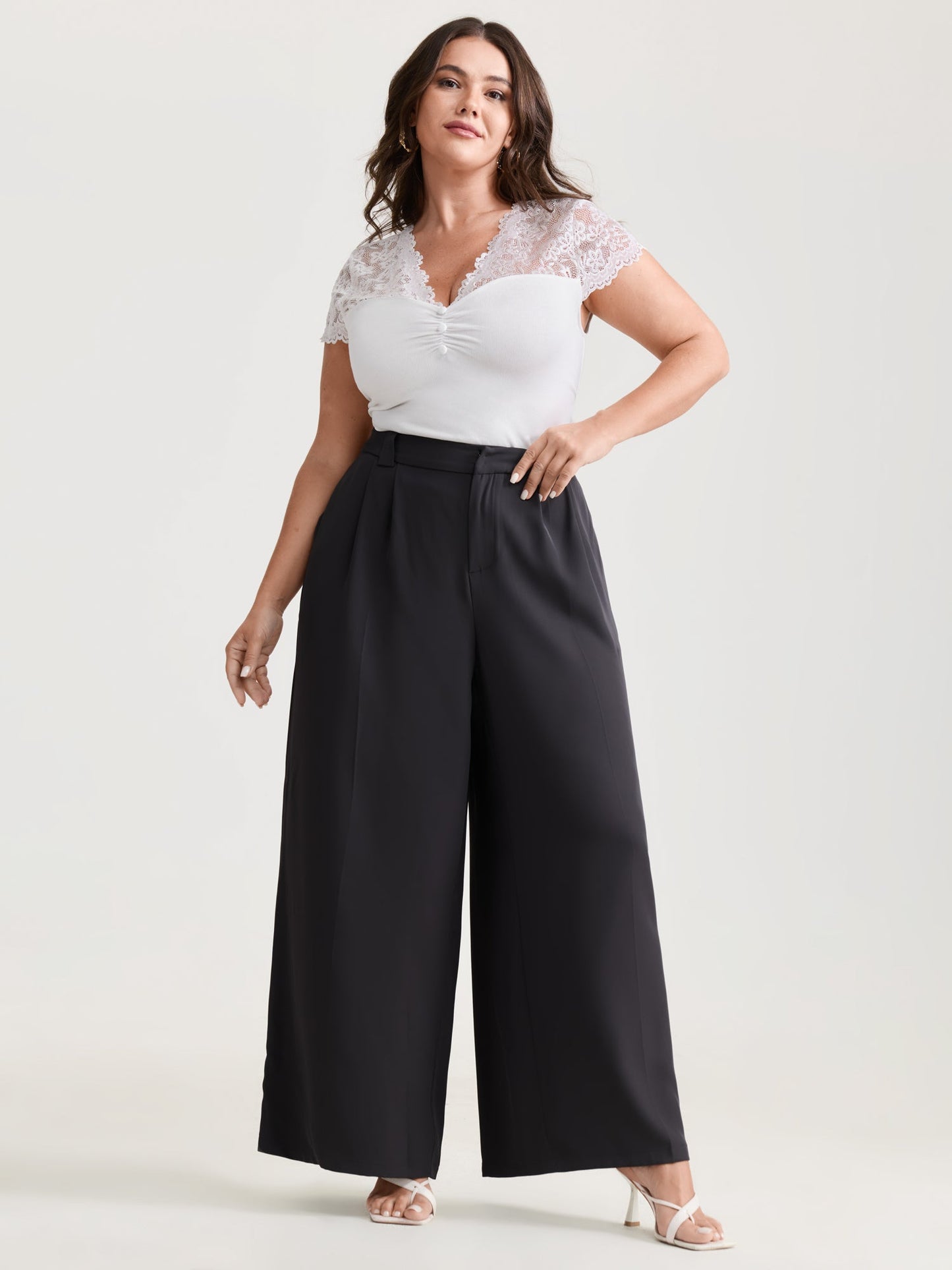 Sheer Lace Neckline Shirred Knit Top