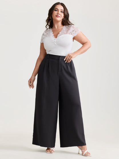Sheer Lace Neckline Shirred Knit Top