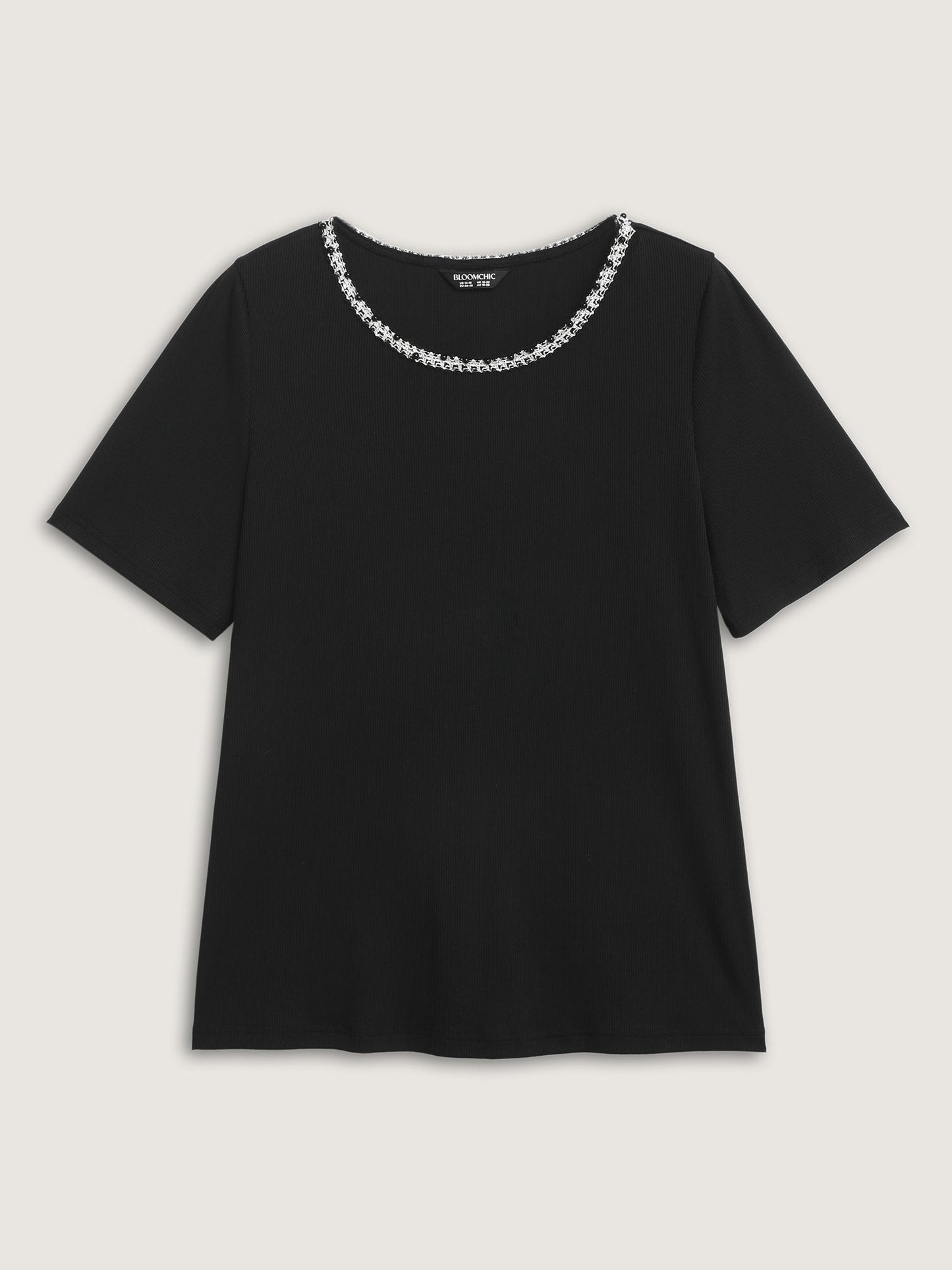 Beaded Neckline Stretchy Plain T-Shirt