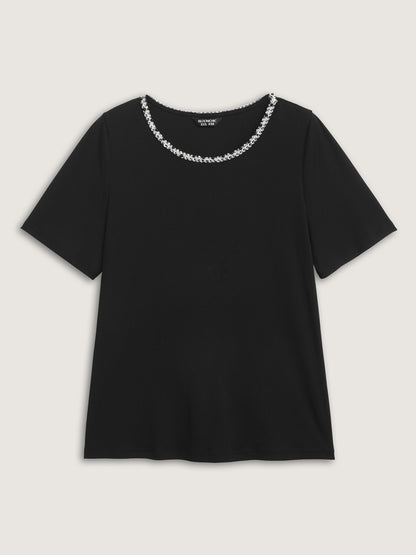 Beaded Neckline Stretchy Plain T-Shirt