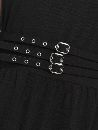 Wide Straps Belted Buckle Detail Midi Dress