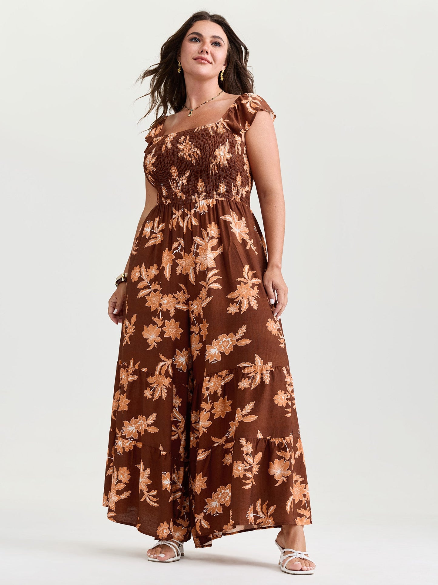 Tropical Floral Print Cinched-Waist Jumpsuit